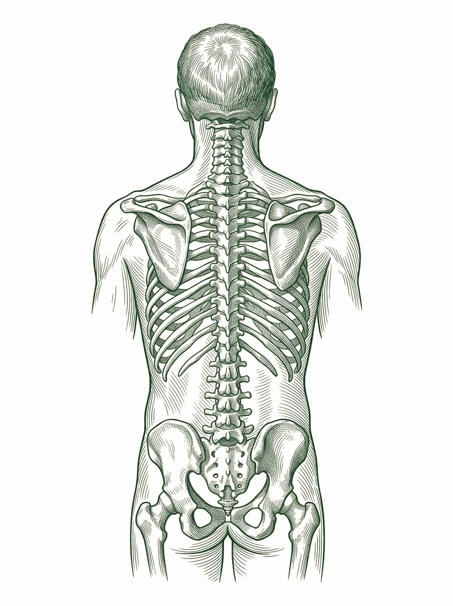 Engraving of the human spine and shoulders seen from behind